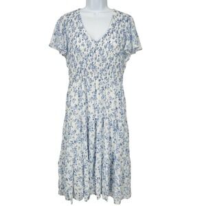 Perch by Blu Pepper Smocked V Neck Flutter Sleeve Midi Dress Blue Floral 3X